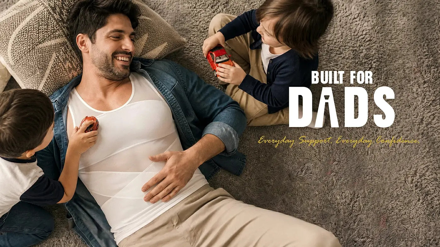 Men's compression shapewear tank top for dads, comfortable everyday support wear for father family home lifestyle