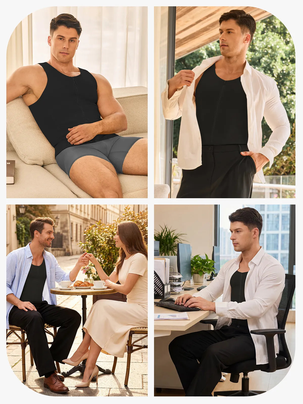Man wearing an invisible men's compression tank top under a white dress shirt sitting at an office desk with improved posture