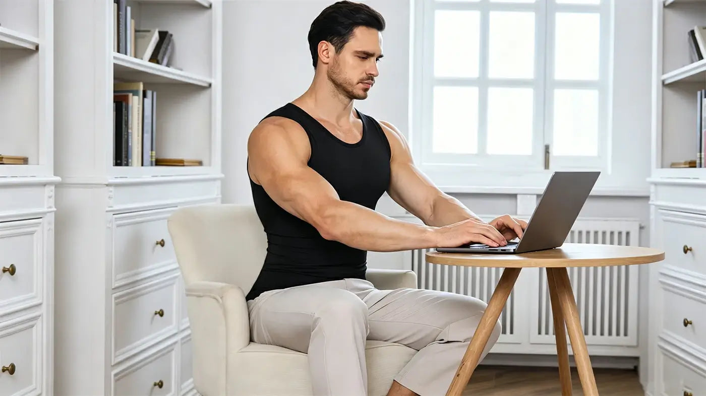 Banner: Man wearing WaistSculpt black men's compression vest working from home at laptop