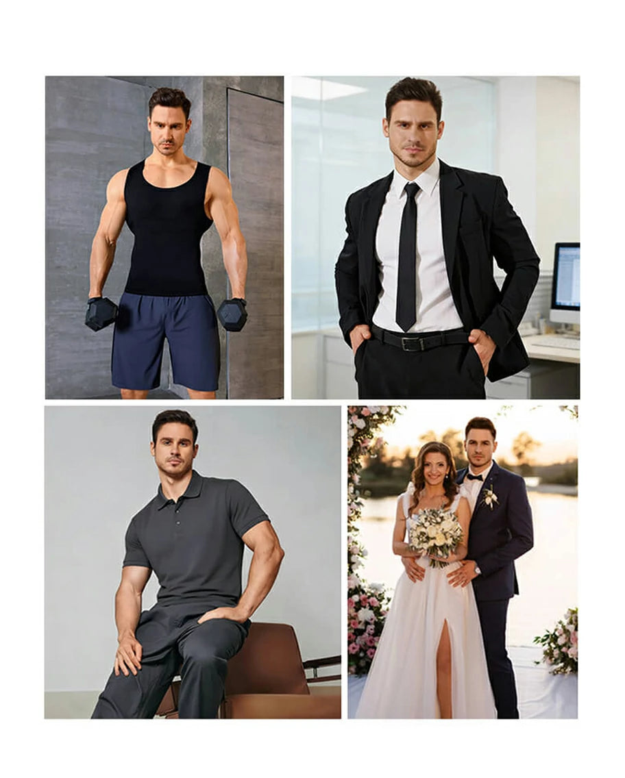 Man wearing WaistSculpt men's compression shapewear vest under gym tank top, business suit, polo shirt and wedding suit for all-day everyday wear