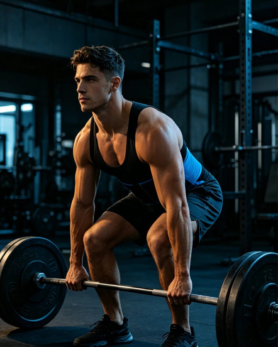 Man wearing WaistSculpt men's compression tummy control vest lifting barbell during intense gym workout